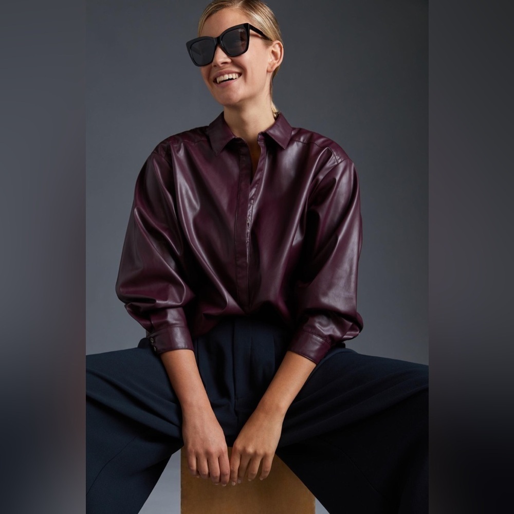 Anthropologie || By Anthropologie‎ Faux Leather Shirt in Raspberry Purple XXS
